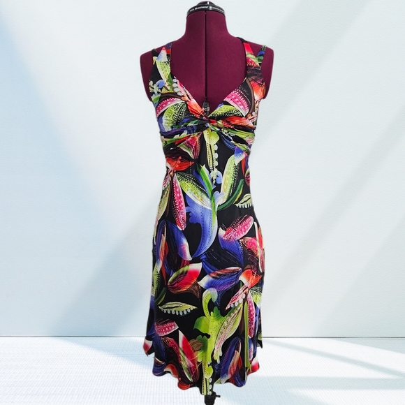 Cache Dresses & Skirts - Y2K Cache Vintage 100% Silk Party Bright Colorful Floral Halter Midi Dress